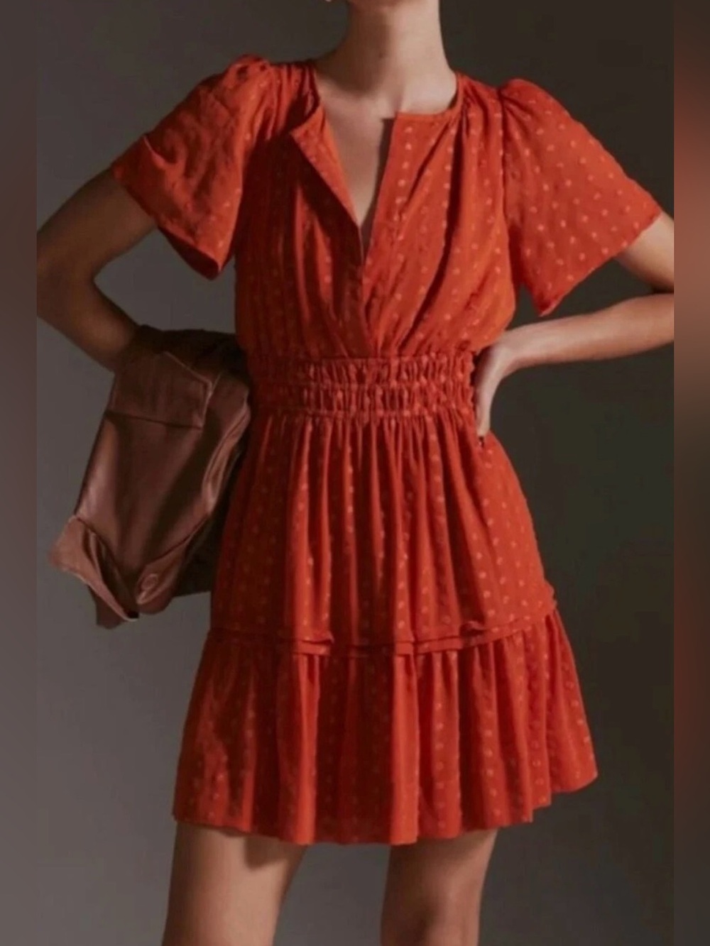 Anthropologie Somerset Terracotta Swiss Dot Embroidered Tiered Mini Dress M